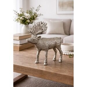 Silver Toned Metal Deer Stag Figurine Statue Home Decor Hunter 9.75in Tall
